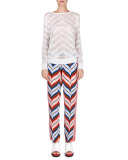 Mixed-Print Straight-Leg Pants, Peach/Multicolor