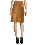 Suede Front-Zip A-Line Skirt, Chestnut