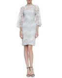 Camelia Lace Kimono-Sleeve Sheath Dress, Gray/White