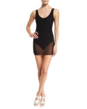 Solid One-Piece Swimsuit W/Tulle Overlay, Black