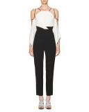 Draped Half-Sleeve Cold-Shoulder Jumpsuit, White/Black