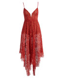 Rosemary Asymmetric-Hem Lace Dress, Cherry