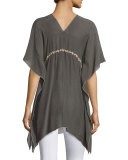 Cherise V-Neck Embroidered Poncho Top, Iron Steel