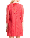 Three-Quarter-Sleeve Lace Shift Dress, Pomegranates