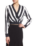 Long-Sleeve V-Neck Striped Crop Top, Stripe Print