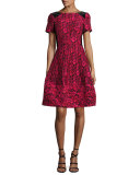 Short-Sleeve Floral Jacquard Fit-and-Flare Dress, Cherry