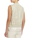 Zip-Front Leather Vest W/Monili Trim, Oat