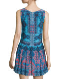 Sleeveless Rug-Print Mini Dress, Blue