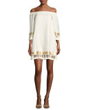 Off-the-Shoulder Tassel Cocktail Dress, Ivory