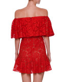 Lace Off-the-Shoulder Mini Dress, Metallic Red