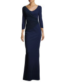 Eos 3/4-Sleeve Mesh Illusion Gown, Navy