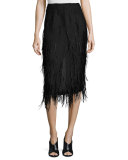 Ostrich-Feather Pencil Midi Skirt, Black