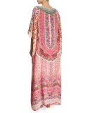 Round-Neck Printed Beaded Caftan Coverup, Belleza Flor