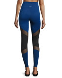 Deco Mirror Paneled High-Waist Long Leggings, Black/Cobalt