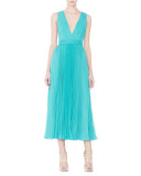 Ryn Pleated Chiffon V-Neck Midi Dress, Turquoise