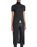 Short-Sleeve Turtleneck Front-Slit Tunic, Anthracite