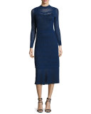 Long-Sleeve Mock-Neck Openwork Midi Dress, Navy