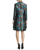 Floral Brocade V-Neck Corset Dress, Blue/Black/Turquoise