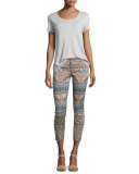 Moroccan-Print Skinny Cropped Jeans, Orange/Multi