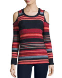 Laurence Cold-Shoulder Multi-Stripe Ribbed Top, Scarlet Multi