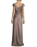 Embellished Faille Cap-Sleeve Gown, Cocoa