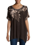 Oasis Short-Sleeve Embroidered Tunic, Dark Cocoa