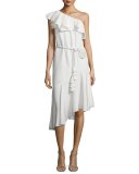 Violetta One-Shoulder Ruffle Dress, Ecru