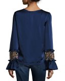 Long-Sleeve Silk Satin Blouse, Navy