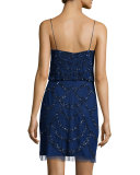 Spaghetti Strap Beaded Cocktail Dress, Navy