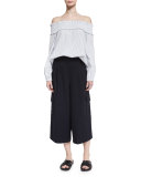 Samuel Striped Off-the-Shoulder Poplin Top, White/Blue