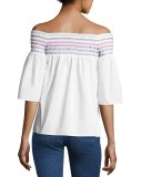 Yasmin Smocked & Embroidered Off-the-Shoulder Blouse, White