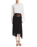 Mid-Rise Asymmetric Silk Midi Skirt, Black