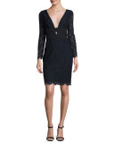 Viera Lace Long-Sleeve V-Neck Cocktail Dress, Deep Night/Black
