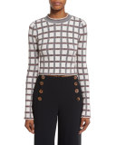Long-Sleeve Plaid Cropped Top, Cream/Multicolor