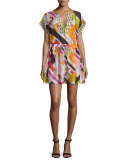 Parioli-Print Coverup Dress, White/Pink Green
