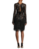 Beaded Long-Sleeve Feather-Skirt Dress, Black