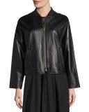 Drop-Shoulder Leather Bomber Jacket, Black