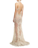 Beaded Lace Sleeveless Open-Back Gown, Ivory