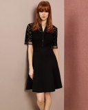 Half-Sleeve Lace-Bodice Shirtdress, Black