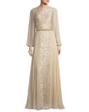 Long-Sleeve Embroidered Tulle & Silk Chiffon Gown, Champagne