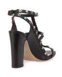 Rockstud Cabochon Caged 100mm Sandal, Black/Turquoise