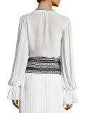 Embroidered Long-Sleeve Wrap Blouse, White/Black