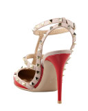 Rockstud Two-Tone Patent Sandal, Red 