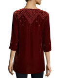 Shobah 3/4-Sleeve Embroidered Velvet Tunic, Rust