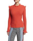Ribbed Cashmere Ruffle-Trim Sweater, Bright Coral