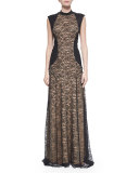Lace Mock-Neck Gown with Suede, Black
