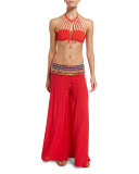 Hand-Embroidered Wide-Leg Coverup Pants, Red
