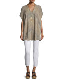 Short-Sleeve Grove-Print Silk Tunic, Mocha