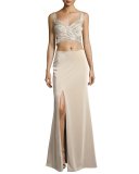 Sleeveless Beaded Cutout Gown, Nude