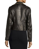 Beaded-Lapel Cropped Leather Moto Jacket, Black